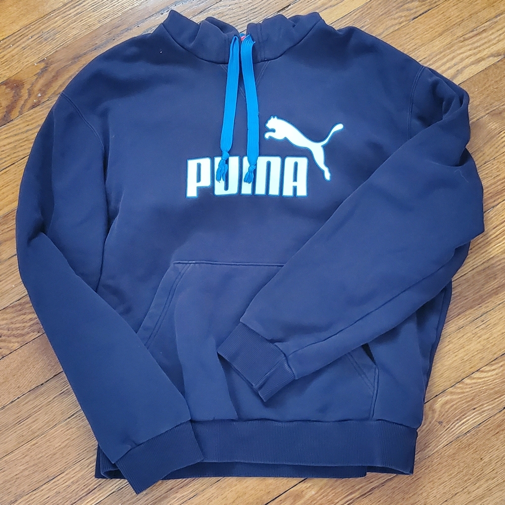Puma Men's Dark Blue Colorblock Hoodie with Logo Size Medium